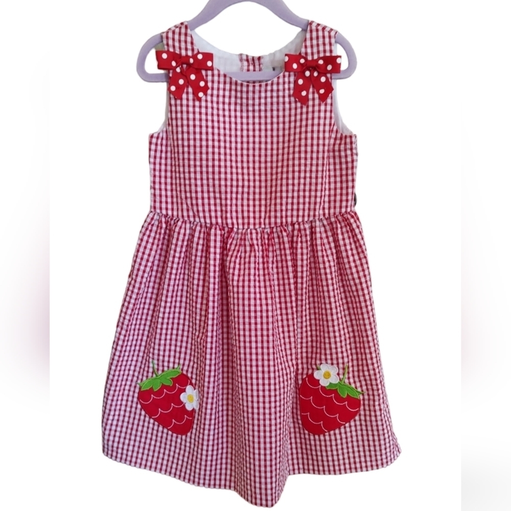 Rare Editions Little Girl Red & White Gingham Style Strawberry Dress NWT…